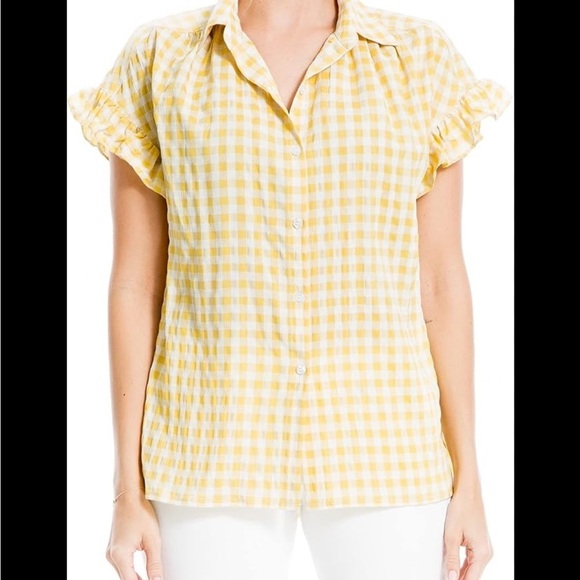 Yellow Raffles Top Max Studio | Tops | Max Studio Women Yellow Gingham Ruffled Button Down ...